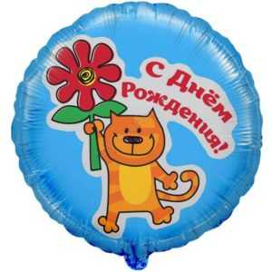 Круг, С Днем рождения (кот с цветком), 46см Круг, С Днем рождения (кот с цветком), 46см